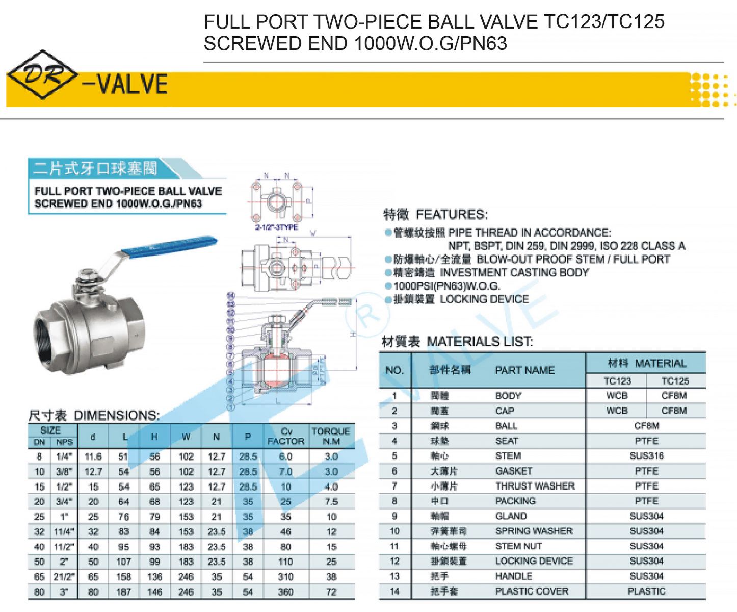 2 pc ball valve ss304 taiwan dr